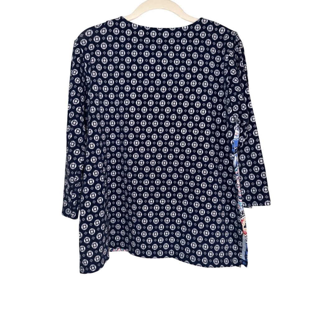 Alfred Dunner Womens Blue Patchwork Floral Studded Split Neck Top Size M - Picture 2 of 7